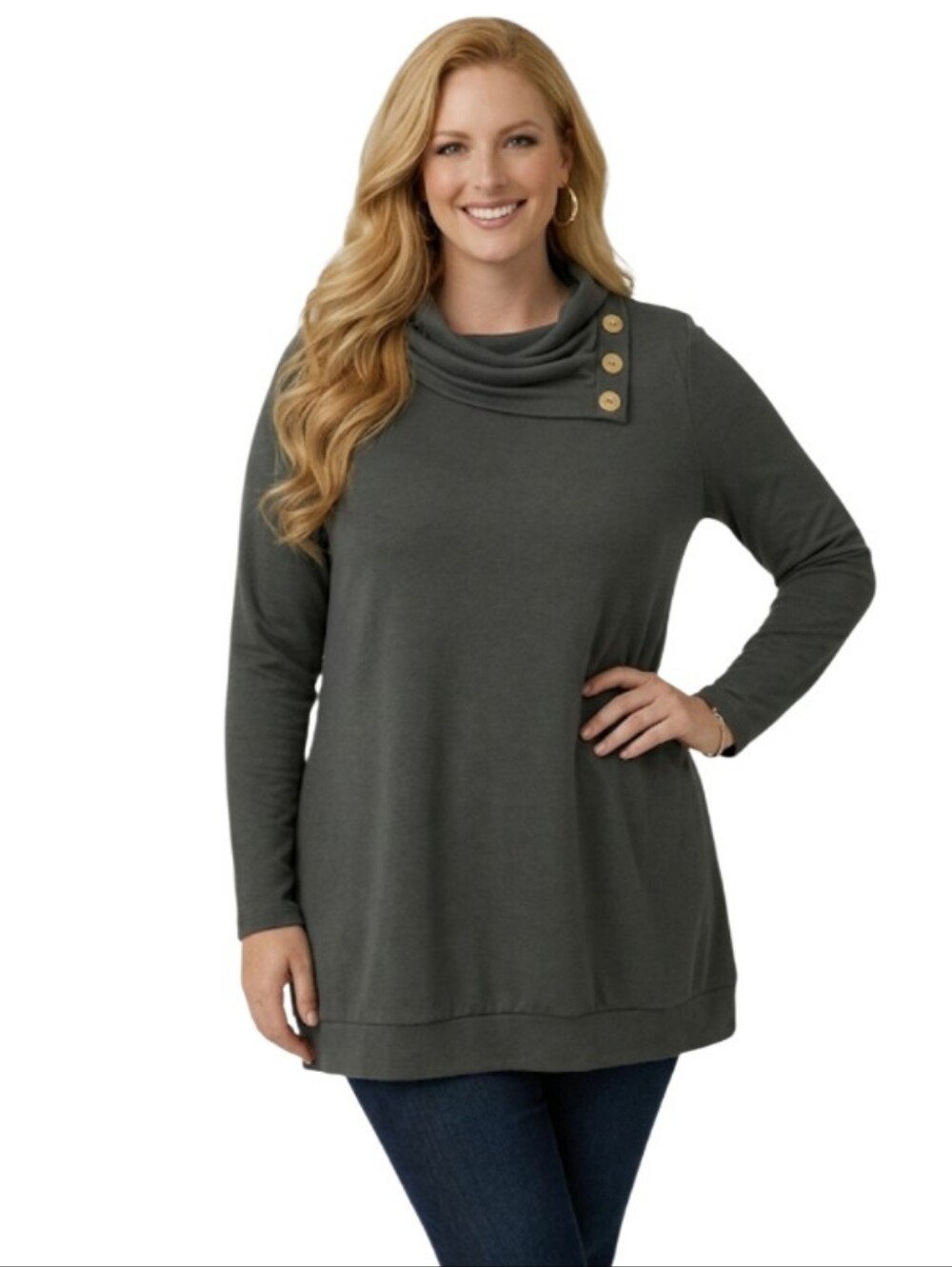 "Miusey" Pretty Olive Green Cowl‑Neck Tunic – XL (Like New